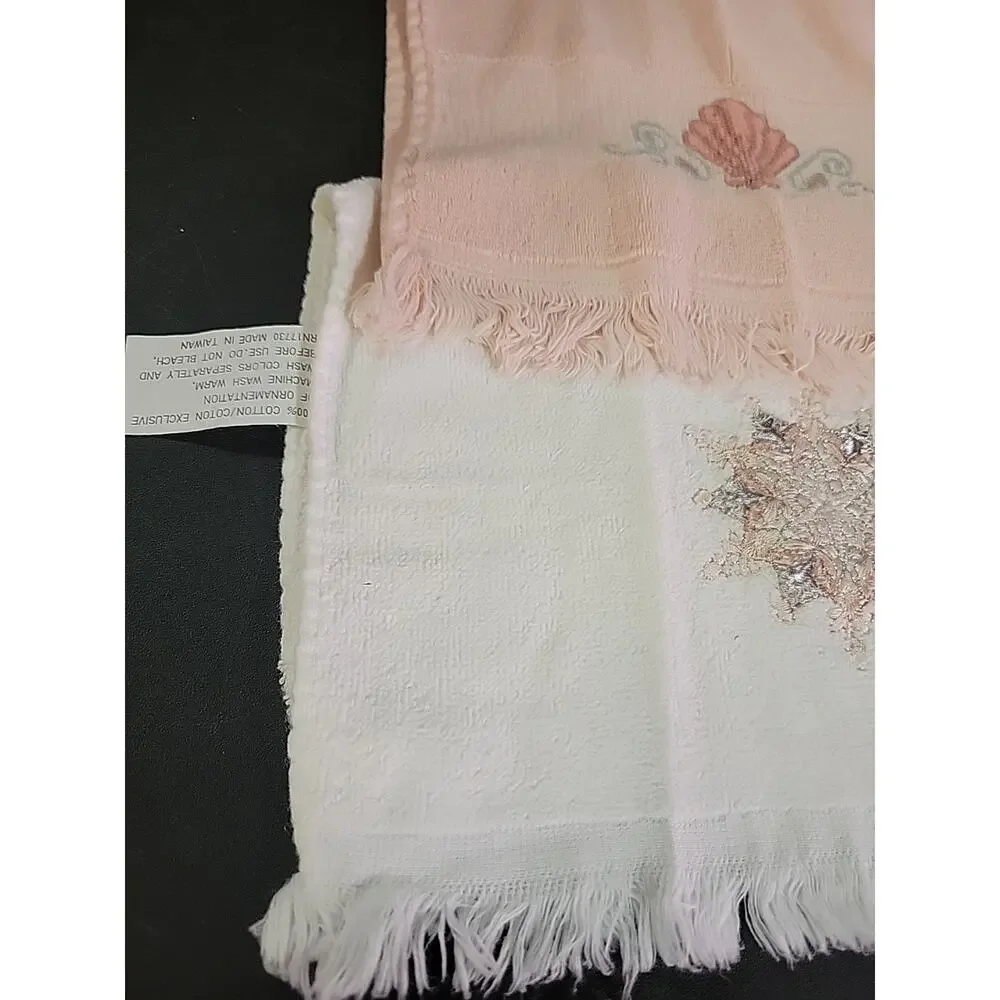 Vintage 80s 90s Ruffle Handle Towels Pink W Shells White W Snowflake